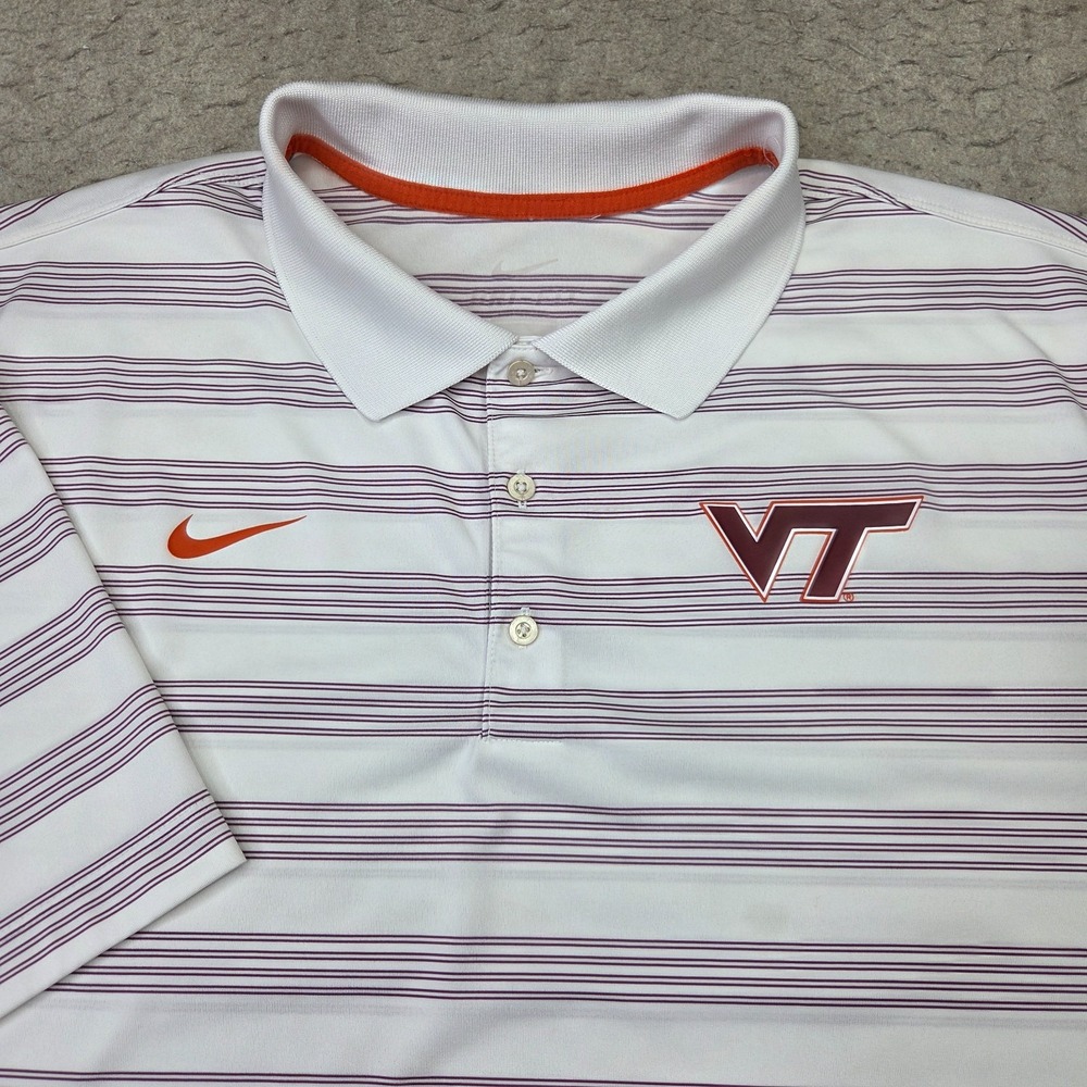 Nike Dri-Fit Virginia Tech Hokies Polo Shirt Mens 2XL White Striped Short Sleeve